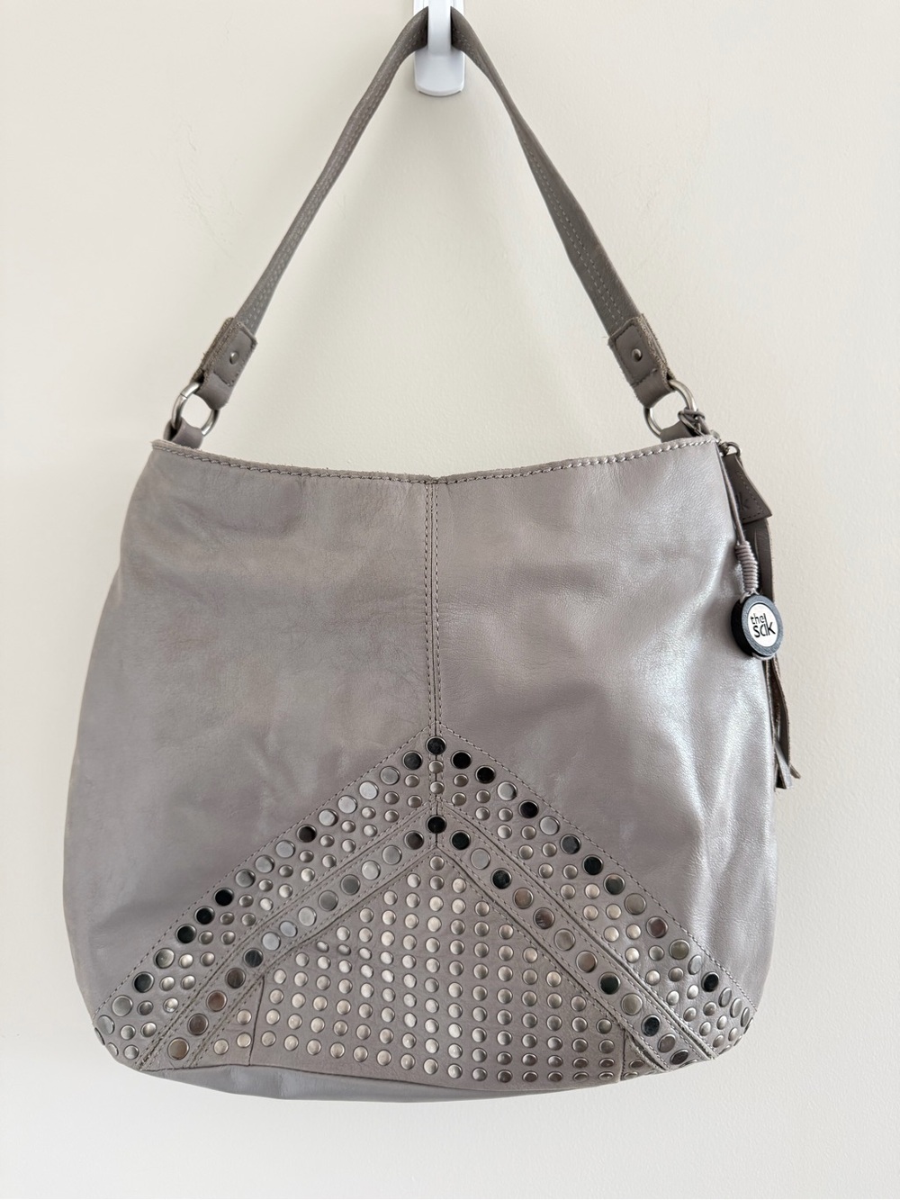 The Sak Gray Leather Studded Hobo Bag Boho Slouchy Tassel Shoulder Purse
